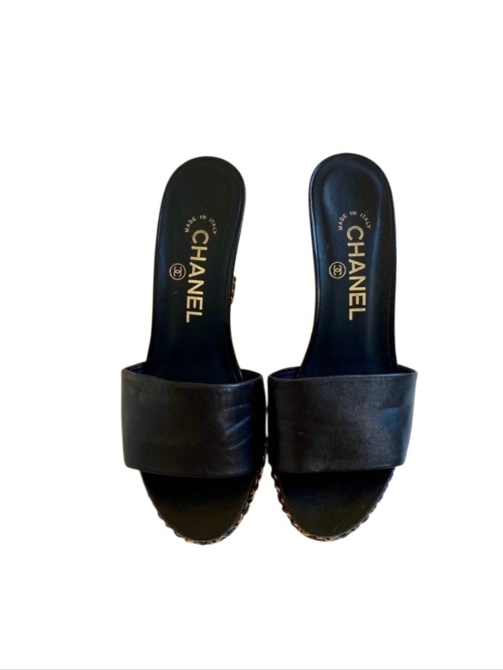 CHANEL Black Leather Chain Slide Mules with Gold Logo